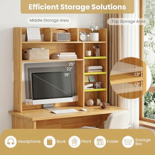 Image of Tangkula Desktop Bookshelf with LED Lights, Desk Hutch with 8 Shelves for Max 25 inch Monitor, Desktop 5-Tier Display Rack, Wood Desktop Storage Hutch Organizer for Dorm Office Home, Burlywood