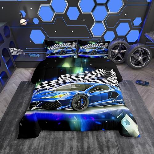Feelyou Blue Racing Car Comforter Set Twin Size, Fast and Furious Extreme Sport Games Bedding Sets for Kids Boys Teens,Sports Car Bed in A Bag,Cool Modern Duvet Insert with 1 Pillowcase