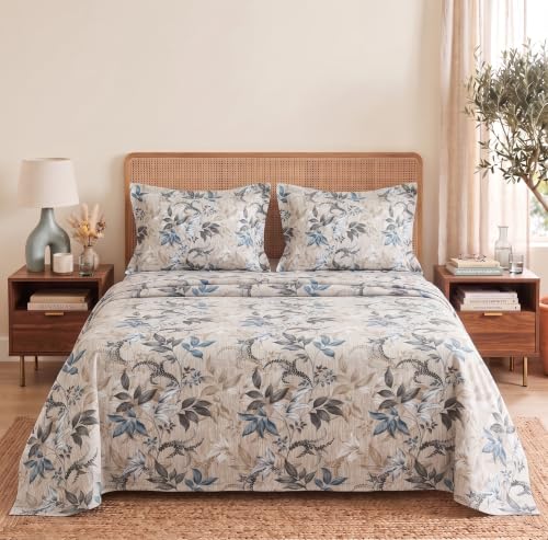 Image of BSB HOME 240 TC Cotton Double Bedsheet with 2 Pillow Covers, Soft & Breathable Bed Sheet for Double Bed, Fade & Wrinkle Resistant, Floral Print, 90 x 100 Inches (228 x 254 cm)-Mineral Blue Woodland