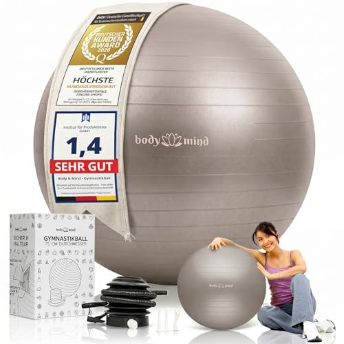 Body & Mind Gymnastikball inkl. Luftpumpe - Anti-Burst Pilates Ball Pezziball für Schwangerschaft Ergonomischer Sitz als Büro-Stuhl Sitzball für Yoga Gymnastik & Workout (Beige 55 cm)