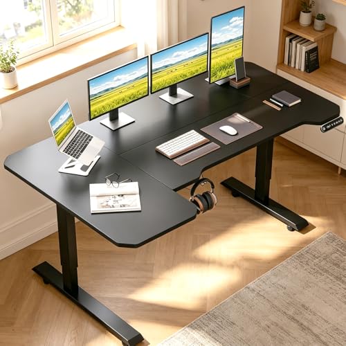 昇降デスク L字 スタンディングデスク Radlove 電動昇降式パソコンデスク 幅150cm*奥行100cm ゲーミングデスク 机 コーナー 高さ 69~115CM メモリー機能付き オフィス ワークテーブル 食事 学習/オフィス 勉強机 耐荷重80㎏ (黒, 150*100) [2]