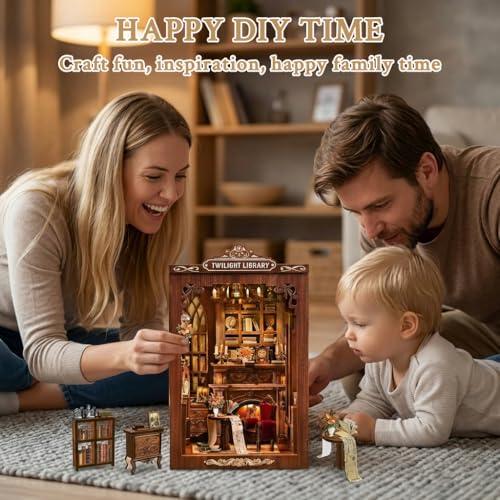 Image of PATPAT Book Nook Kit DIY Miniature House Kit with Vintage Fireplace, Bookshelves & Furnitur for Bookshelf Decoration & Creative Craft Assembly, Twilight Library Doll House Set for Kids 12*10.5*17.5cm