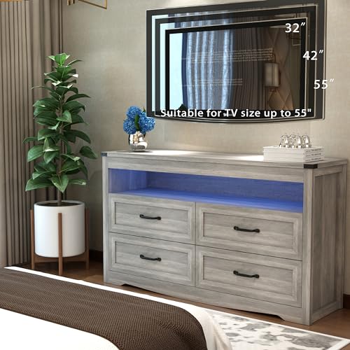 Image of Wodeer Grey Dresser for Bedroom, Wooden 4 Drawer Dresser with LED Light, Dressers & Chests of Drawers with Metal Handles, Storage and Organization for Bedroom, Hallway, Entryway, Gray