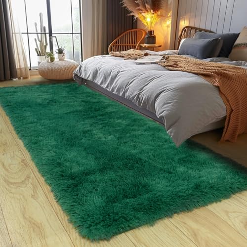 KING DARE Runner Rug 2x6, Shaggy Dark Green Rug for Bedroom Dorm, Fluffy Shag Fuzzy Plush Non-Slip Washable Soft Carpet for Bedside Girls Boys Kids Room Indoor Decor