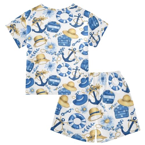 Anchor Hat Swimming Ring Pajama Set, Short Sleeve Cotton Sleepwear Nightwear2