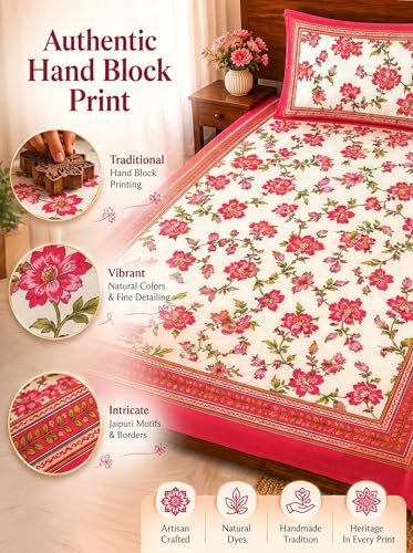 Image of Mafatlal 144 TC Heritage 100% Cotton Rajasthani Jaipuri Traditional Floral King Size Twin Bedsheet with Pillow Cover (90x60 inches)- Red