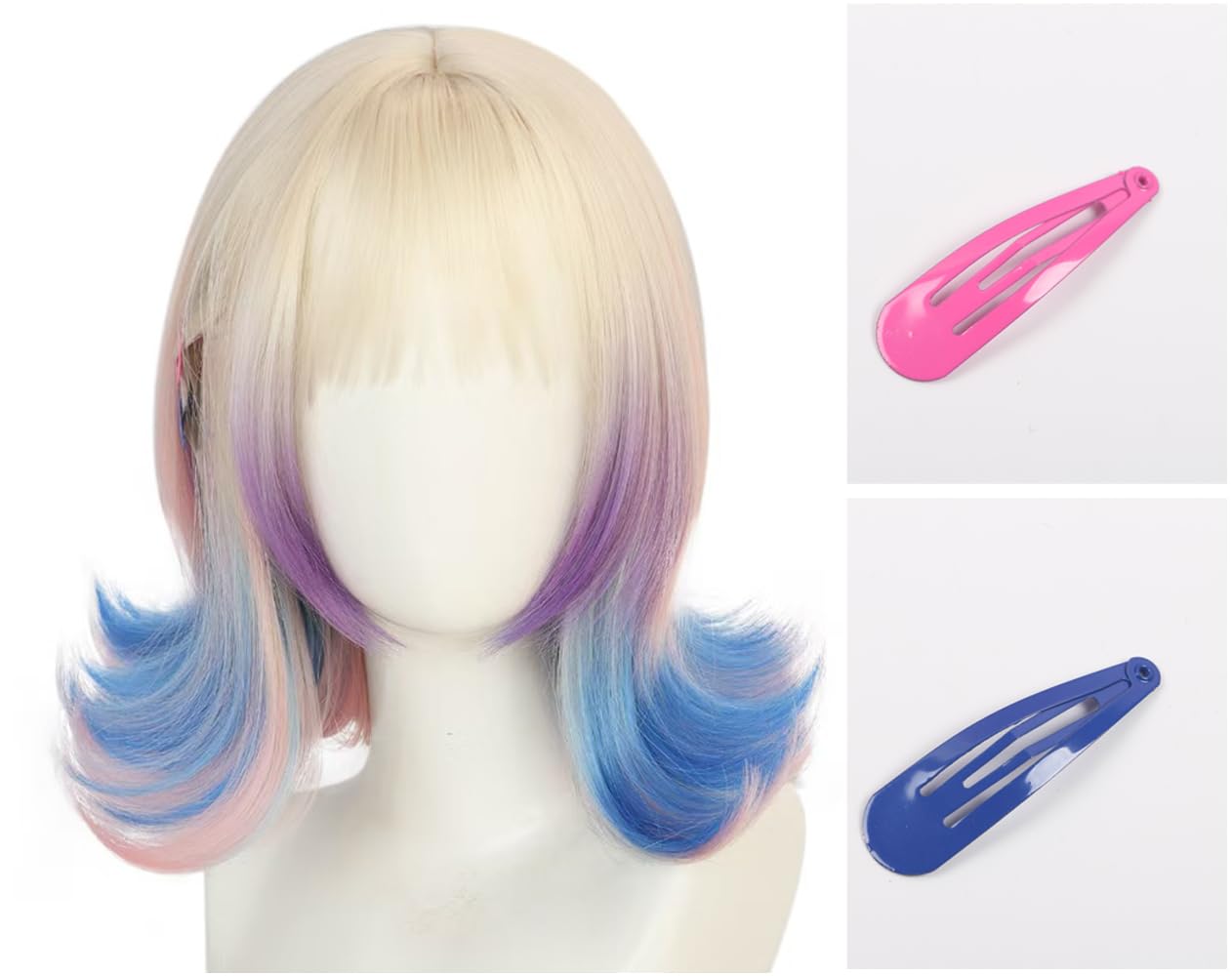 QHQ-SHININGLIFI Unicorn Wolf Cut Wig with Pink Blue Ombre Highlights & School Girls Bangs, for Wednesday Season 2 Enid Sinclair Costume Party Accessory, Perfect for Cosplay & Halloween, Free Hair Net