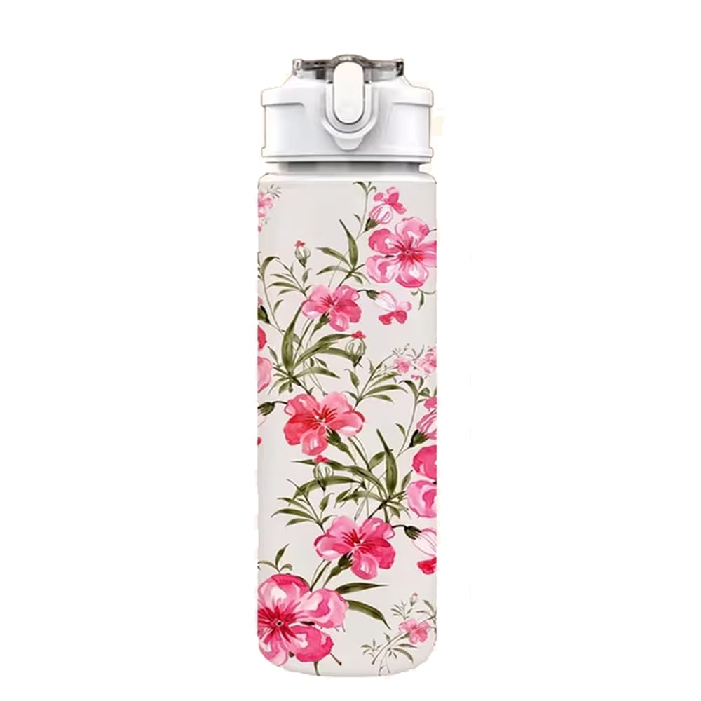 Water Bottle 750ml (26oz)- Sweet Pink Floral Sports All‑Over Print on White, Leak‑Proof Pop‑Up Lid, Lightweight Durable Plastic, Large Capacity, Reusable