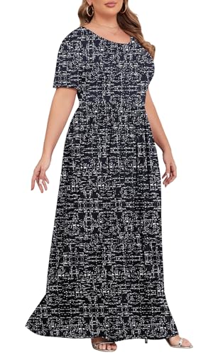 Image of KARALIN Women Plus Size Maxi Dress Short Sleeve Round Neck Loose Fit A-Line | Plus Size Long Dress,Summer Casual Maxi Dresses,Short Sleeve,Side Pockets,Round Neck,Elastic Waist,14 Plus - 26 Plus