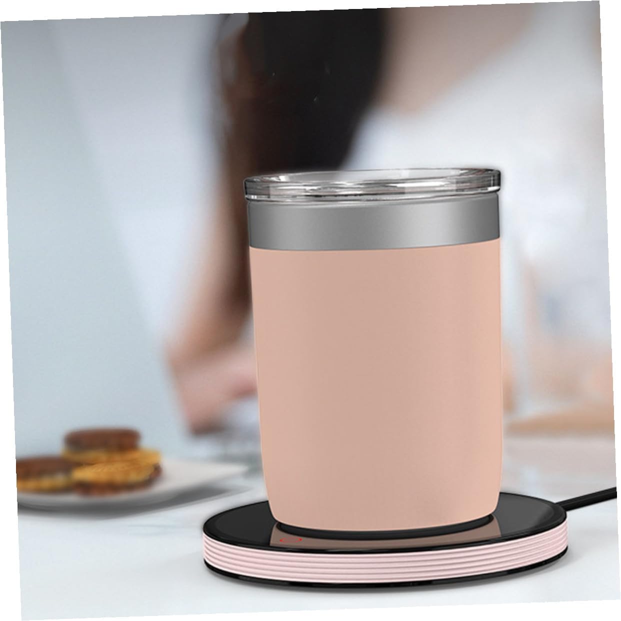 Delicate Coffee Mug Warmer with Temperature Control, Electric Cup Warmer Pad for Office and Home Use, Ac110v Heated Beverage Accessory, Pink and Black Design