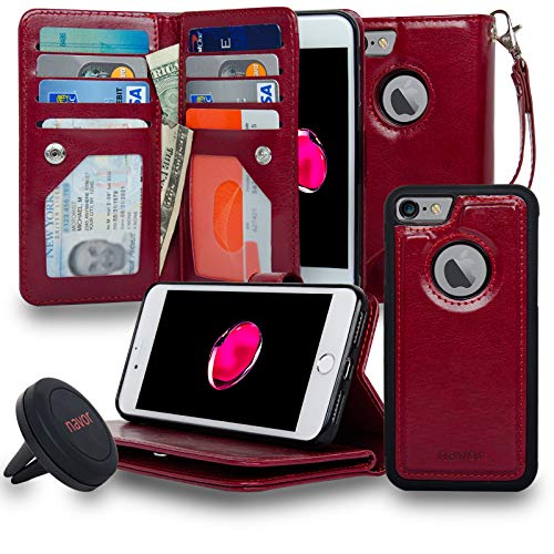 navor Magnetic Detachable Wallet Case and Universal Car Mount, RFID Protection, 8 Card Pockets, 3 Money Pockets Compatible for iPhone 7/8 [4.7 Inch] [JOOT-3L] Maroon (IP73LMR)