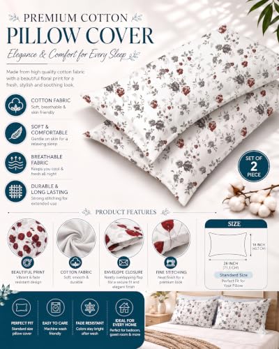Image of IVAZA 240 TC Soft Ezyption Cotton Floral Print King Size Bedsheet - with 2 Pillow Covers, Hypoallergenic, Brethable, (Size- 90 x 90 Inch) Grey Flower