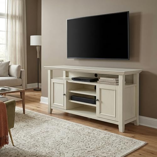 Image of SIMPLIHOME Amherst 54 inch Wide Solid Wood TV Stand in Antique White
