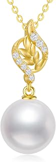 SISGEM 14k Gold Diamond Leaves Pearl Necklace for Women, Anniversary Jewelry for Wife, Birthday Gifts for Her (0.1ct Diamond, 9mm Freshwater Cultured Pearl), 16-18 Inch