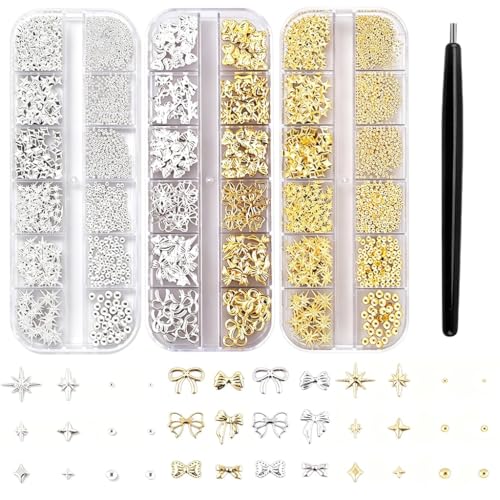 Juego de 3 cajas de abalorios para decoración de uñas de metal 3D, accesorios de diseño de uñas, con pinzas para manicura profesional, decoración de salón de uñas, regalo versátil