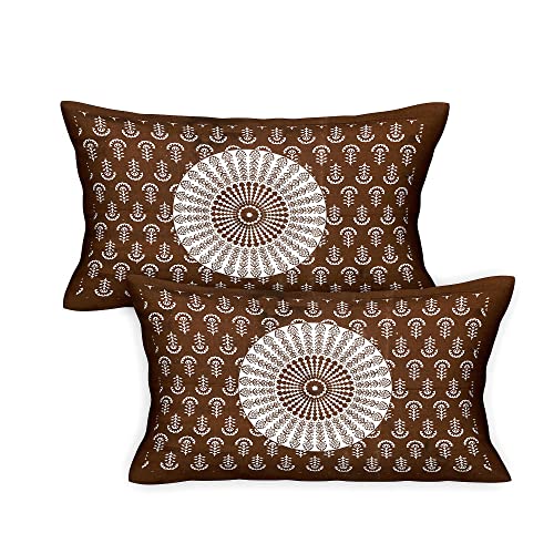 Image of RajasthaniKart Comfort Rajasthani Jaipuri Traditional Sanganeri Print 144 TC Cotton Double Size Bedsheet with 2 Pillow Covers (Double, Brown)
