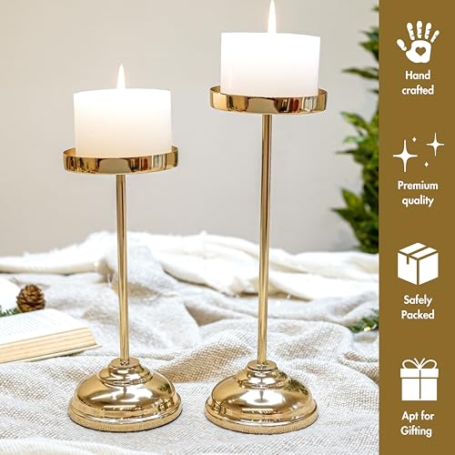 Image of Behoma Handcrafted Large Metal Pillar Candle Holders | Table Centerpieces Coffee Tables or Fireplace Mantels | Solid Candles Stand for Christmas, Home Decor, Gift, Valentine's Day | Gold, Set of 2 | Oval stainless steel platter with brass leaf handle, 13 inch; elegant serveware for Navratri & Durga Puja.
