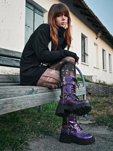 Image of Women Harness Motorcycle Biker Boots Steampunk Combat Boots Chunky Mid Calf Goth Boots Lug Sole Lace up Side Zipper