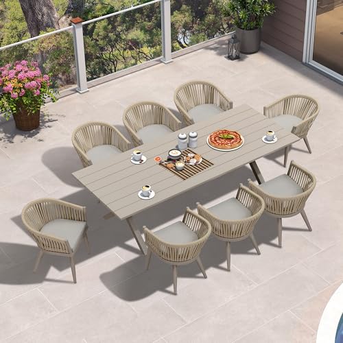Image of PURPLE LEAF 9 Piece Longer Outdoor Dining Set with Patio Aluminium Dining Table and Wicker Chairs Modern Furniture Cushions Sets for Backyard Indoor Decor Kitchen Champagne