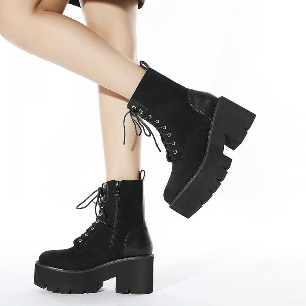 PROMI High Heels Hohe Absätze Dicker Boden Schnürstiefel Seite Reißverschluss Schuhe