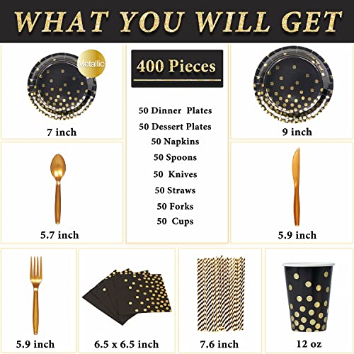 Decorlife Black Paper Plates, 400Pcs Serves 50, Black And Gold Plates And Napkins Party Supplies, 12Oz Cups, Utensils, Straws For Graduation Homecoming Retirement Anniversary Birthday Party #TOP1