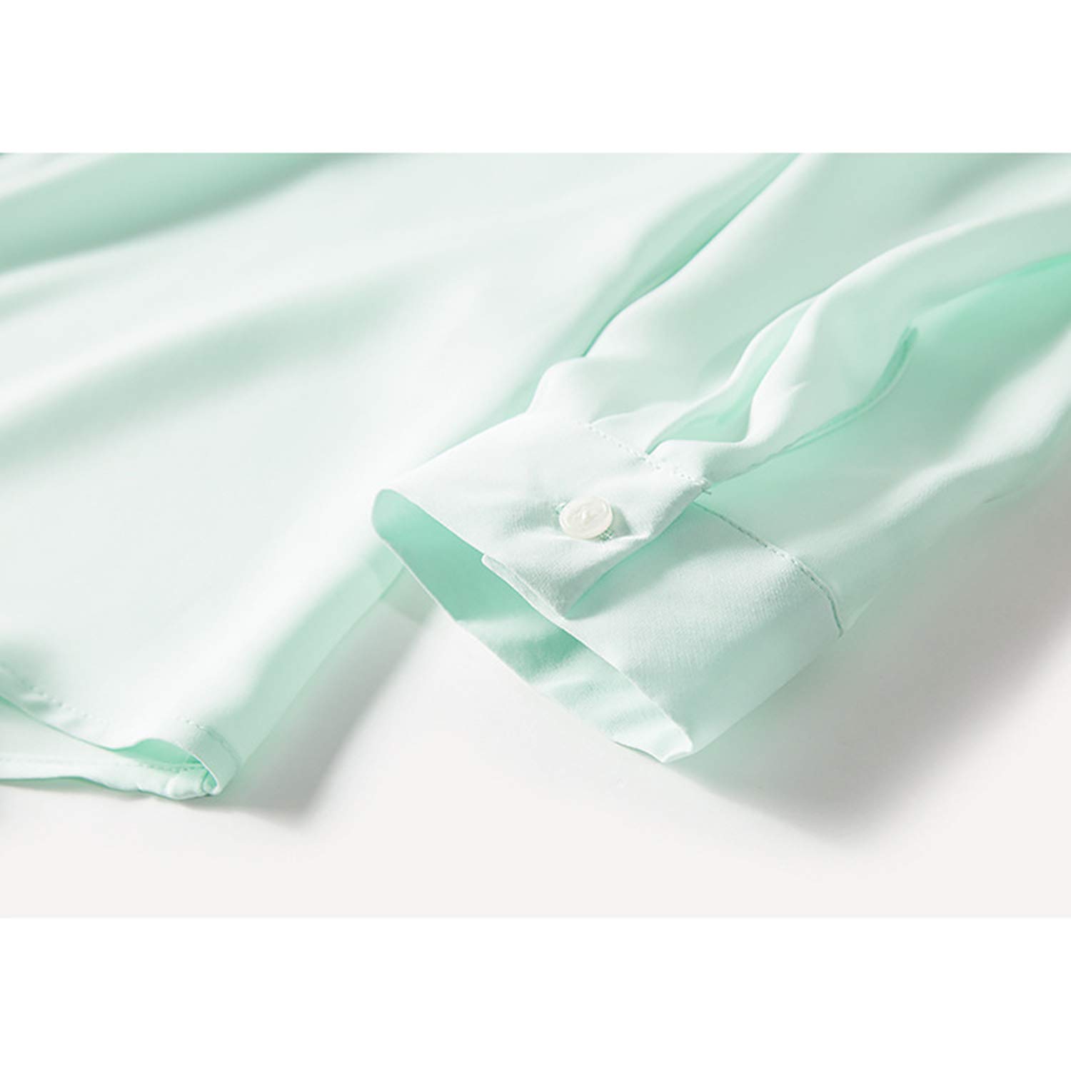 Camicia di Seta Verde Chiaro, Delicato Papillon da Donna con Top A Maniche Lunghe, Blusa Casual