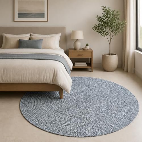 Image of Handmade Cotton Braided 5x5 feet Area Rug - Washable, Low Pile Reversible Floor Mat for Bedroom, Kitchen, Entryway & Living Room - Eco-Friendly Woven Carpet - (Light Blue, Round)