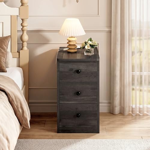 Image of LIKIMIO Nightstand with Charging Station, Narrow Bedside Table with 3 Drawers, End Table with USB Ports and Outlets, Side Table for Living Room /Bedroom Modern, Charcoal Grey