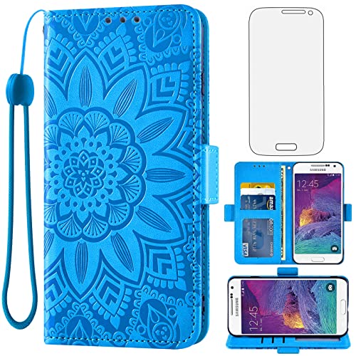 Asuwish Phone Case for Samsung Galaxy S4 Mini with Screen Protector and Flower Leather Wallet Flip Cover Credit Card Holder Stand Cell Accessories Gaxaly S 4 Mini Galaxies S4mini Women Men Blue
