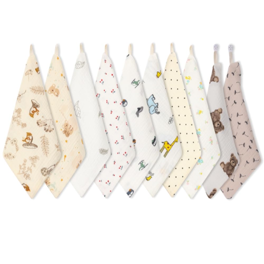 Norinori Musselin Waschlappen - 10 Stück Neugeborene Musselintücher aus 100% Weicher Baumwolle - Mehrzweck Baby Gesichtstüche 25x25 cm - Kinder Badetuch für Jungen und Mädchen