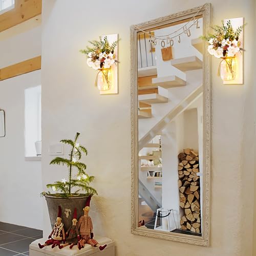 Image of Rustic Wall Sconces Mason Jar Sconces Handmade Wall Art Hanging Design with Remote Control LED Fairy Lights and White Peony, Christmas Decor Gifts Farmhouse Home Decor Living Room Lights Set of Two