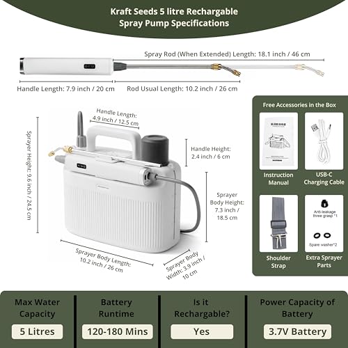 Image of Kraft Seeds 5L Electric Garden Sprayer for Plants, USB-C Rechargeable Spray Bottle with 3.7V Battery, 120-180 Min Runtime, Adjustable Nozzle, Water Spray Pump for Agriculture, Home Garden, Car Wash