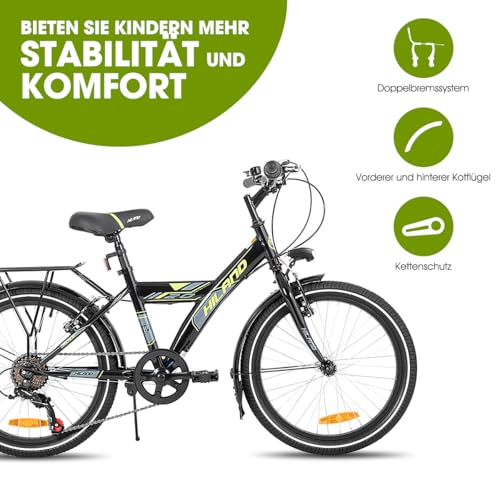 Hiland Rocket 20 Zoll Kinderfahrrad Mountainbike für Kinder Jungen Mädchen ab 6 7 8 9 10 Jahren mit 6 Gang Schaltung, Beleuchtung nach STVO, Ständer, schwarz