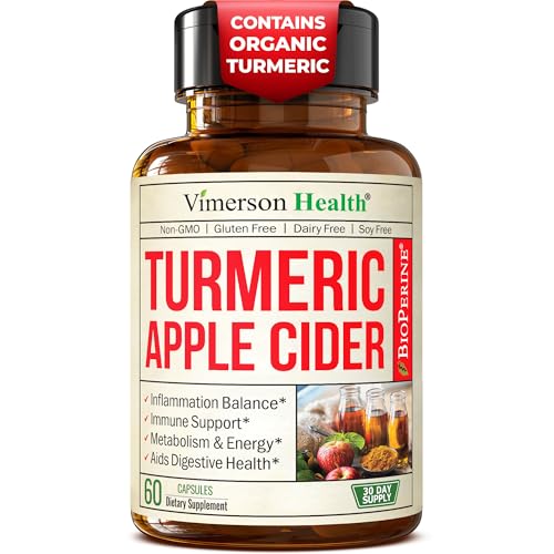 Organic Apple Cider Vinegar with Turmeric Curcumin Supplement & Ginger for Digestive Health, Metabolism, Energy & Joint Support - Organic Turmeric & Apple Cider Vinegar Capsules. 60 Vegan Non-GMO Caps