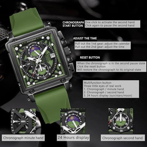 Image of ZUNPAI Moon Phase Watch for Men Multifunction Chronograph Dial Analog Quartz Square Wristwatch Business Dress Watch with Luminous Waterproof Calendar Silicone Strap