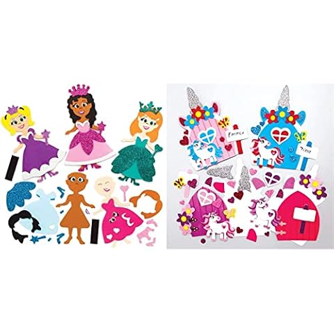 Baker Ross AX123 Prinzessin-Magnet-Kits, mischen und kombinieren, Gelb,Blau,Grün,Lila & AX667 Einhorn-Feentür-Kits, 4 Stück, kreative Kunst und Handwerk für Kinder zum Geschichtenerzählen Cover