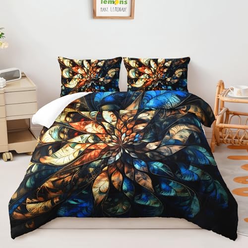 Image of AILONEN Luxury Floral Bedding Set Full Size for Girls Women,Blue and Gold Mandala Comforter with 2 Pillowcases,3-Piece Abstract Art Quilt Set for Bedroom Decor