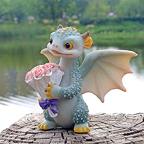 Cynor Miniature Fairy Garden Figurines Outdoor Statues Terrarium Dragon Holding Flowers Decor Housewarming Gift For Patio Lawn Yard #TOP4