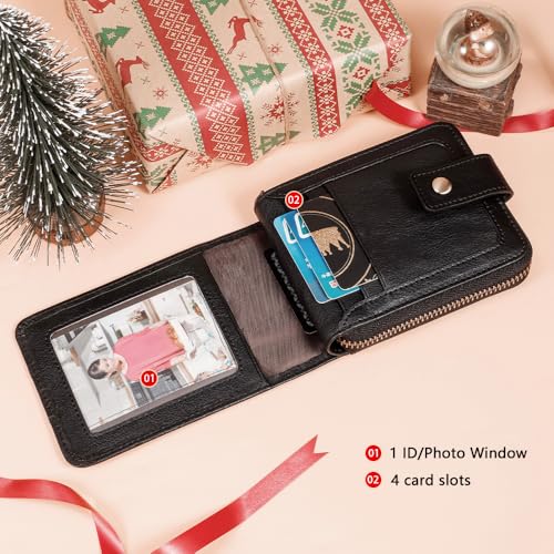 men's RFID shielded wallet, zipper leather wallet, suitable for men, with ID window and 14 card clips (Black)2