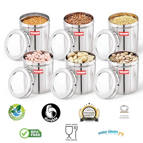 Image of Stainless Steel Food Storage Containers | Air Tight Stainless Steel Containers | Grocery Containers for Kitchen | See-Through Lids | Ubha Dabba | Canisters | Silver (6 Pcs (1 Kg))