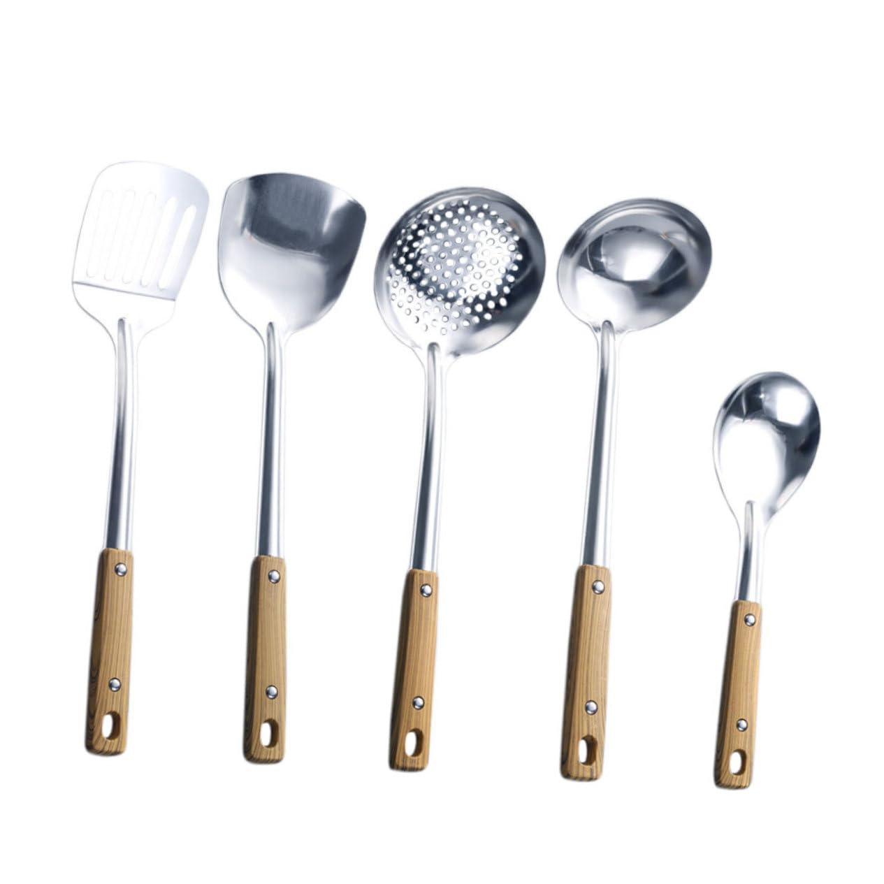 Juego de Utensilios de Cocina 5 Piezas de Acero Inoxidable y Madera