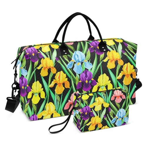 Colorful Iris Flower Dark Travel Duffel Bag for Men Women with Makeup Bag Weekend Overnight Carry On Bags for Hospital Travel Gym