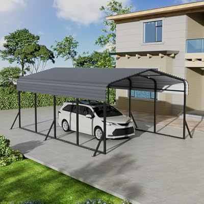 GS CHIER 12x20FT Metal Carport, Heavy Duty Carports with Galvanized Steel Roof and Enhanced Base, Upgraded Large Outdoor Canopy, Metal Carport Garage for Cars, Boats, Trucks, Gray(12x20FT)