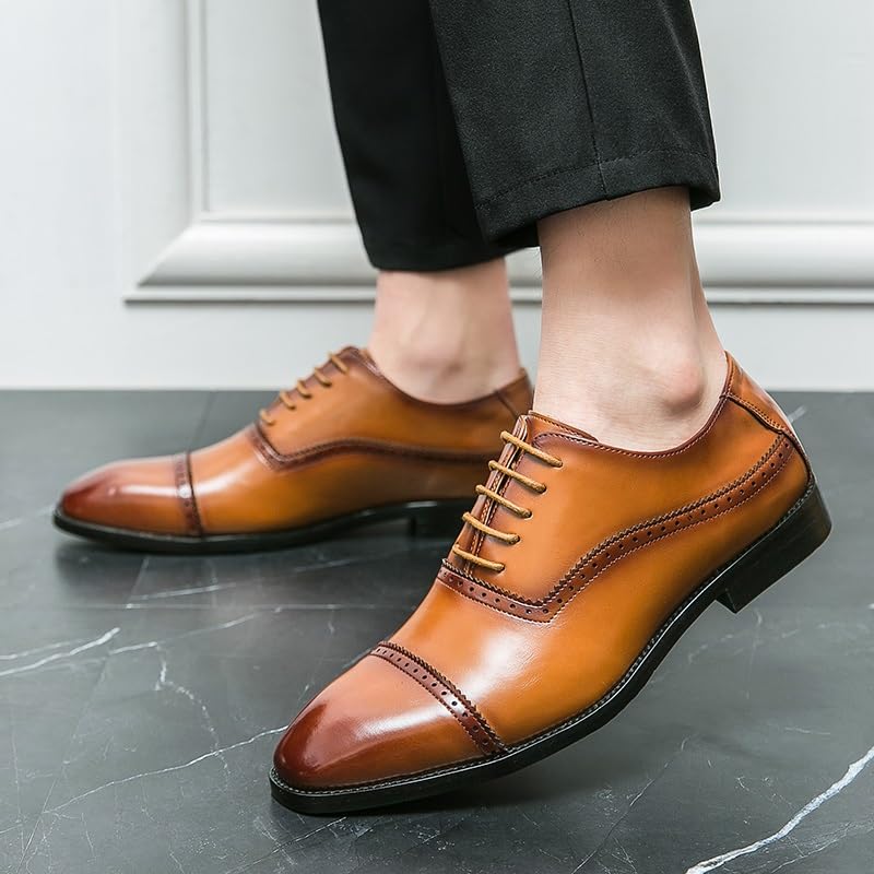 Dress Oxford Shoes for Men Lace Up Square Burnished Toe PU Leather Cap Toe Non Slip Block Heel Anti-Slip Low Top Party3