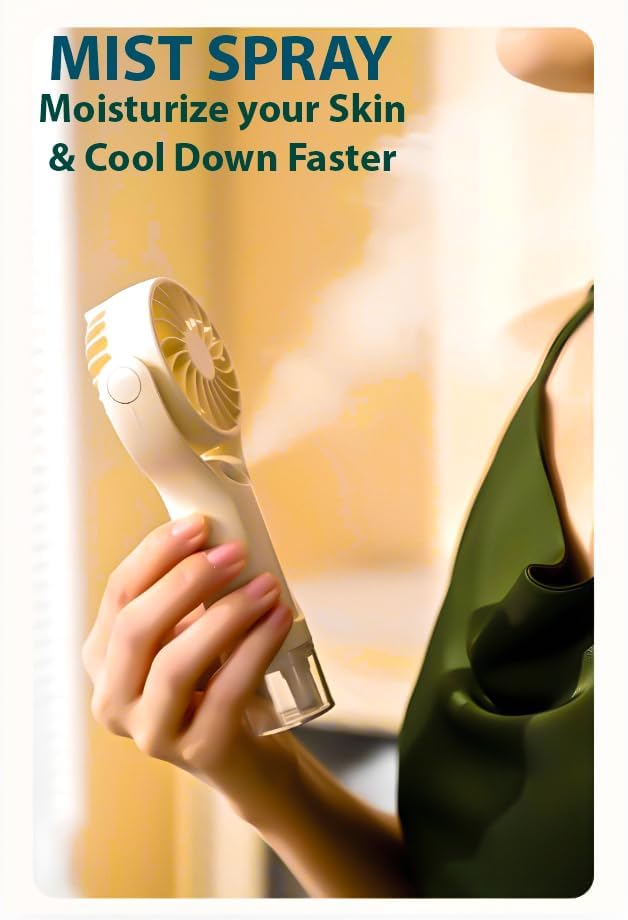 Image of DRIFTX Portable Hand Fan Rechargeable Table Fan Small Mini USB Fan | With Mist Spray Humidifier for Hot Summer | Ideal for Home, Office, Kitchen & Travel Use (Beige White, 1000mAh)