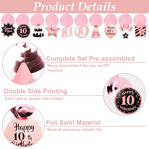 Image of 10th Birthday Decorations for Girls Rose Gold Pink Pre Strung Happy 10th Birthday Banner and Hanging Swirls 10 Year Old Party Decorations Supplies