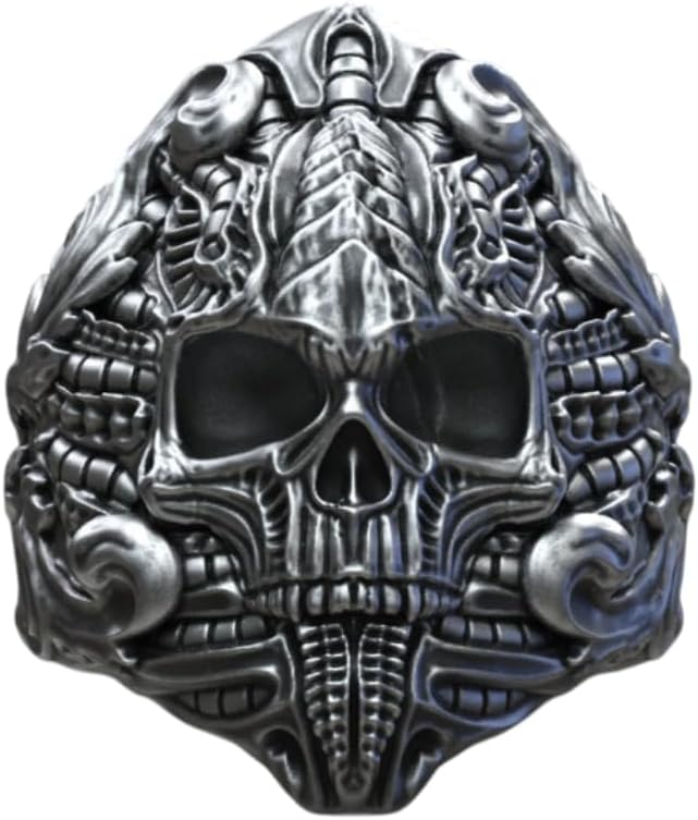 Biomechanical Skull Ring Gothic Futuristic Mechanical Leaf Pattern Skull Head Men's Biker Rider Warrior Statement Ring 925 Sterling Silver Oxidized Handcrafted Mens Skeleton Head Jewelry