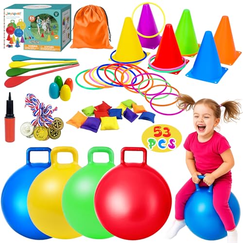 JOY SPOT! 53 Stück Outdoor Spiele für Kinder, 45cm Hüpfbälle & Ringwurfspiele, Pylonen & Sandsäcke, Eierlaufen, 5 in 1 Karnevals Spieleset für Kinder Kindergeburtstag Party, Outdoor Gartenspielzeug