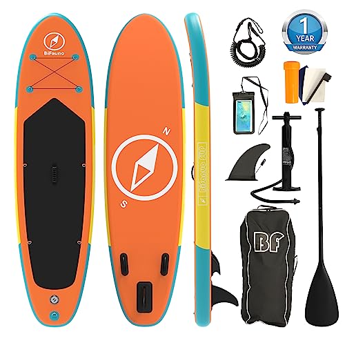 Bifanuo 10.5\'x30\'\'x6\'\' Inflatable Stand Up Paddle Board with SUP Accessories & Backpack. Non-Slip Deck,Wide Stance,Bottom Fin,Double Action Pump.Youth & Adult Standing Boat(SP034)