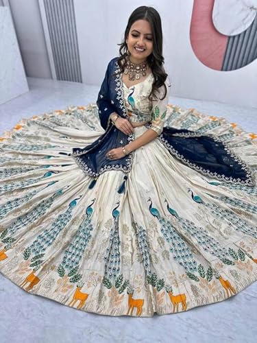 Image of Suppar Sleave Women's Embroidered Vichitra Silk Lehenga Choli Dupatta Set Semi-Stitched Blouse and Fit & Flare Style
